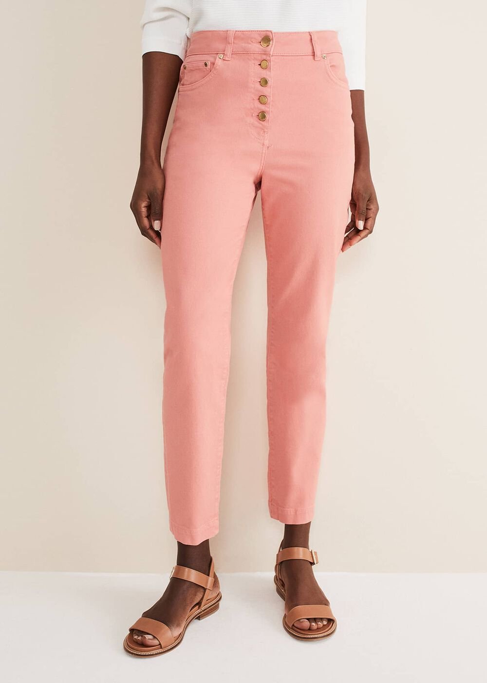 Karlie Button Through Straight Leg Jeans Apricot