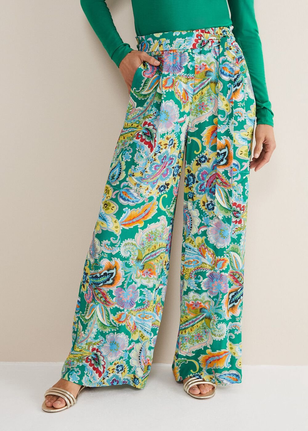 Paisley Wide Leg Trousers Green Multi