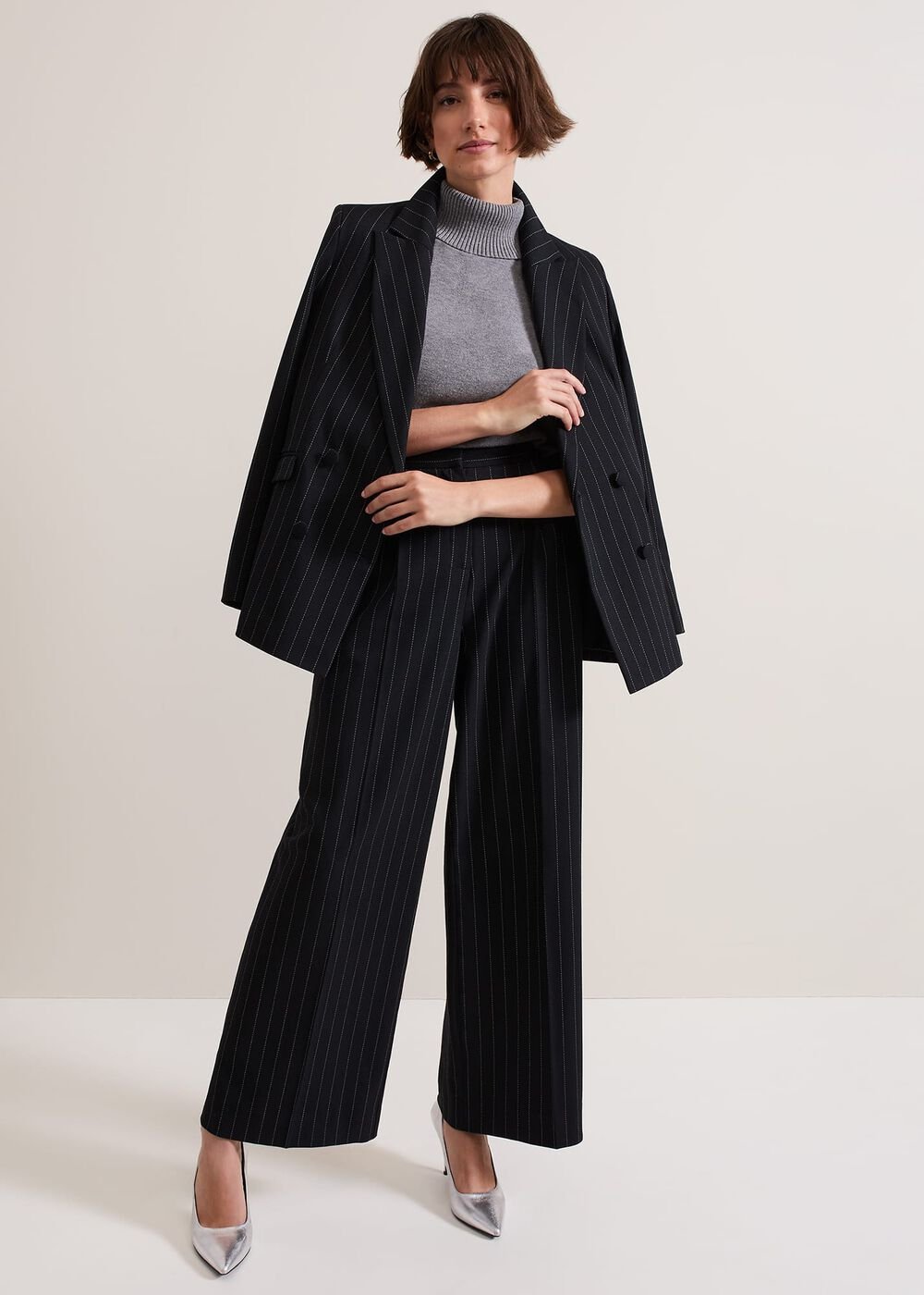 Pia Pinstripe Wide Leg Trousers Navy