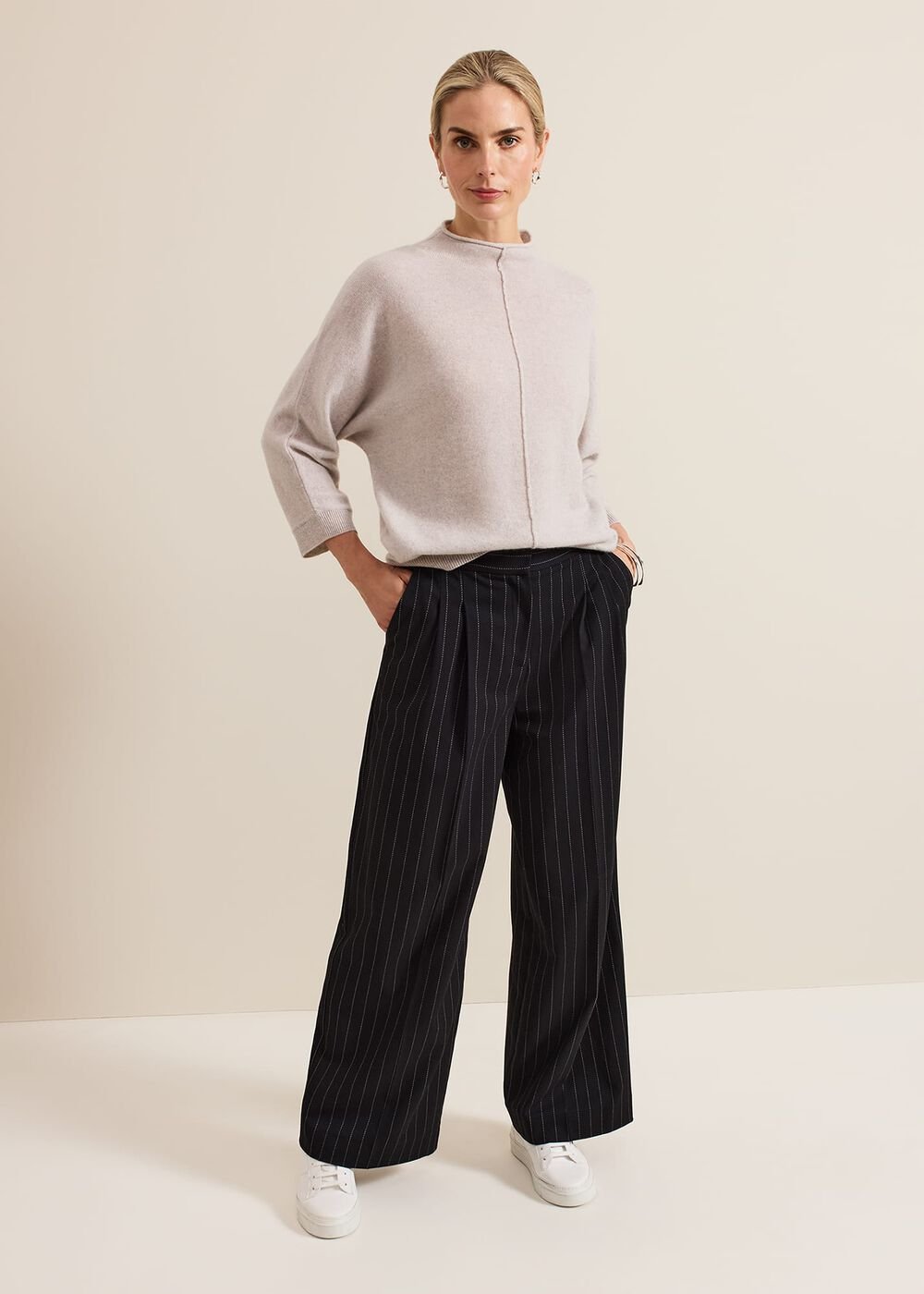 Pia Pinstripe Wide Leg Trousers Navy
