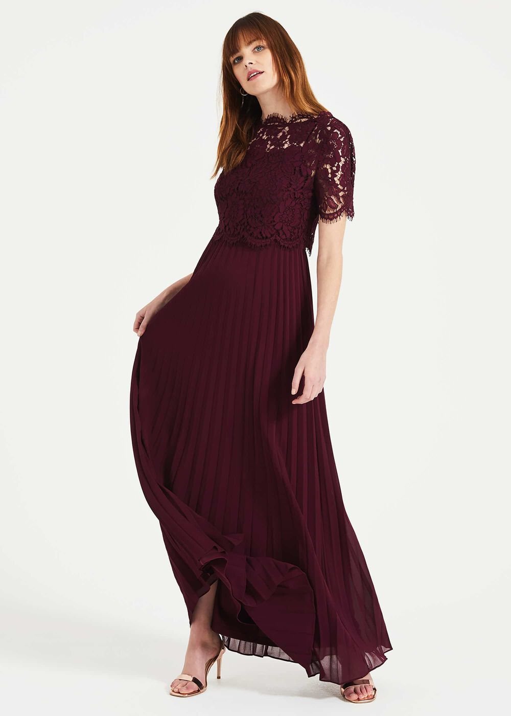 Elisabetta Lace Pleated Dress Berry
