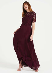 Elisabetta Lace Pleated Dress Berry