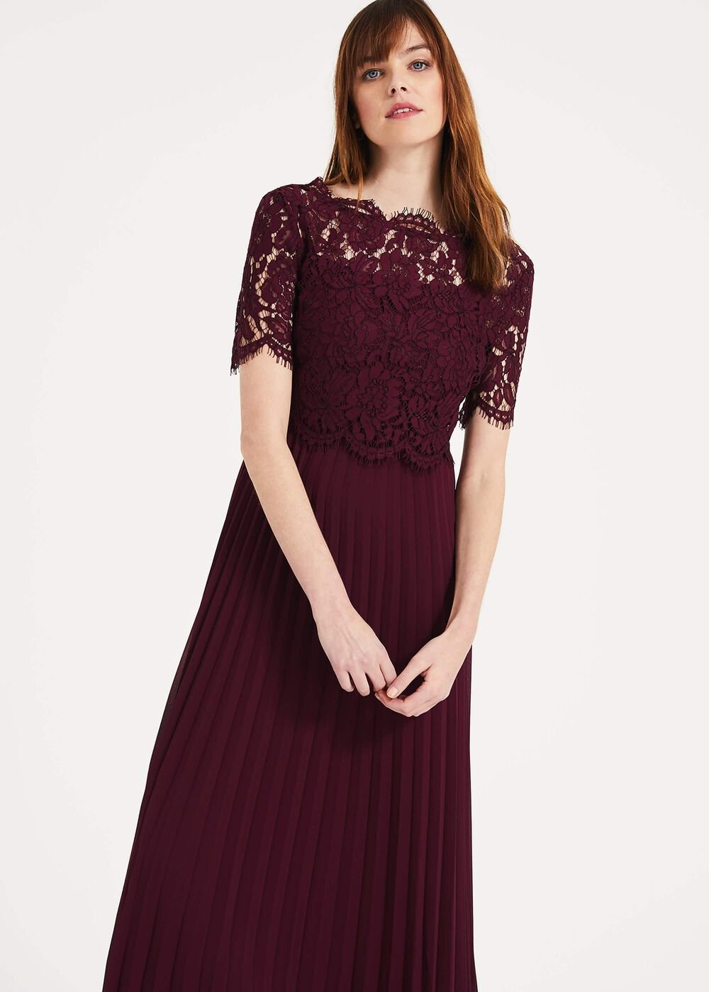 Elisabetta Lace Pleated Dress Berry