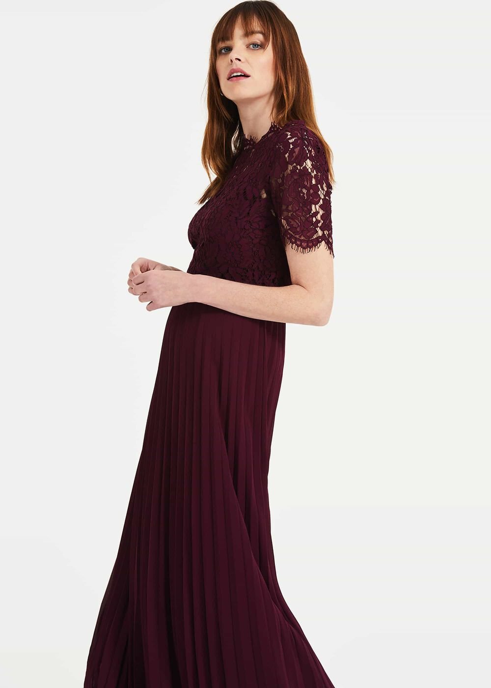Elisabetta Lace Pleated Dress Berry