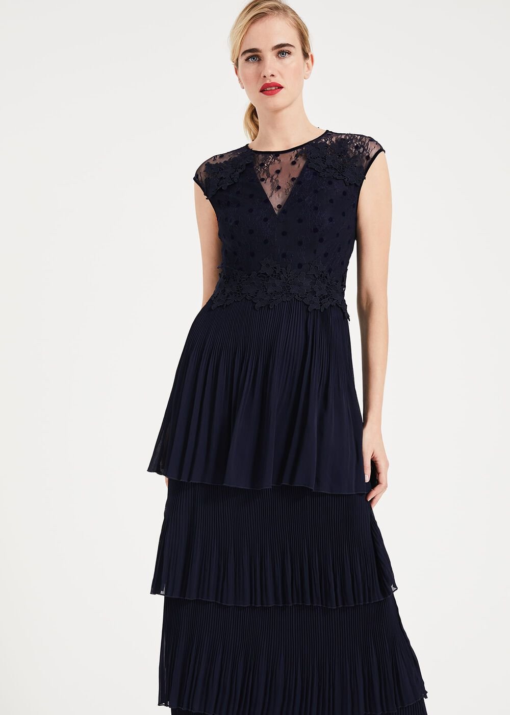 Oiriana Pleated Lace Maxi Dress Navy
