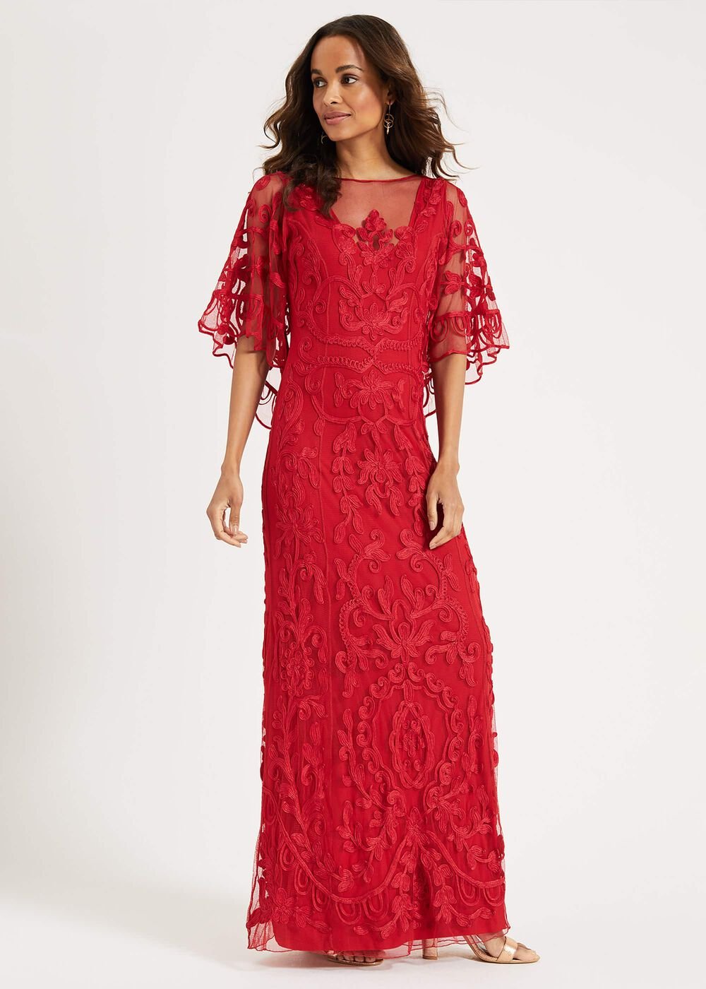 Aviana Tapework Lace Maxi Dress Red