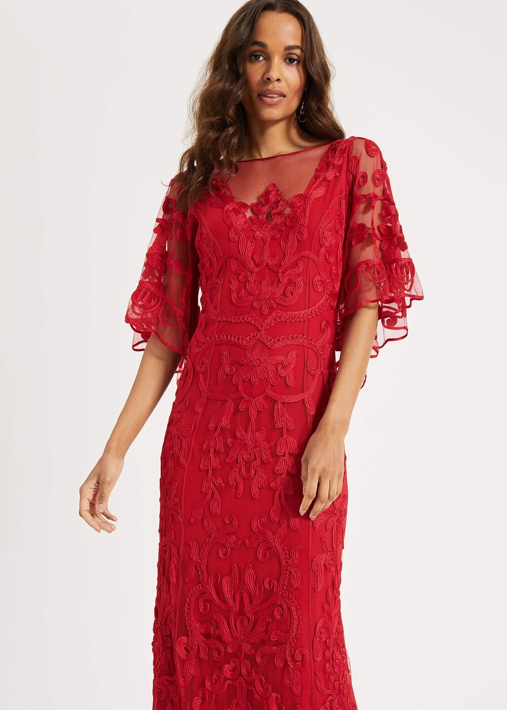 Aviana Tapework Lace Maxi Dress Red