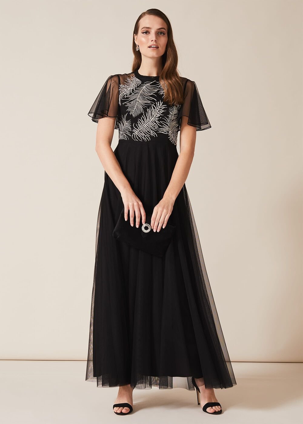 Loretta Feather Embroidered Dress Black