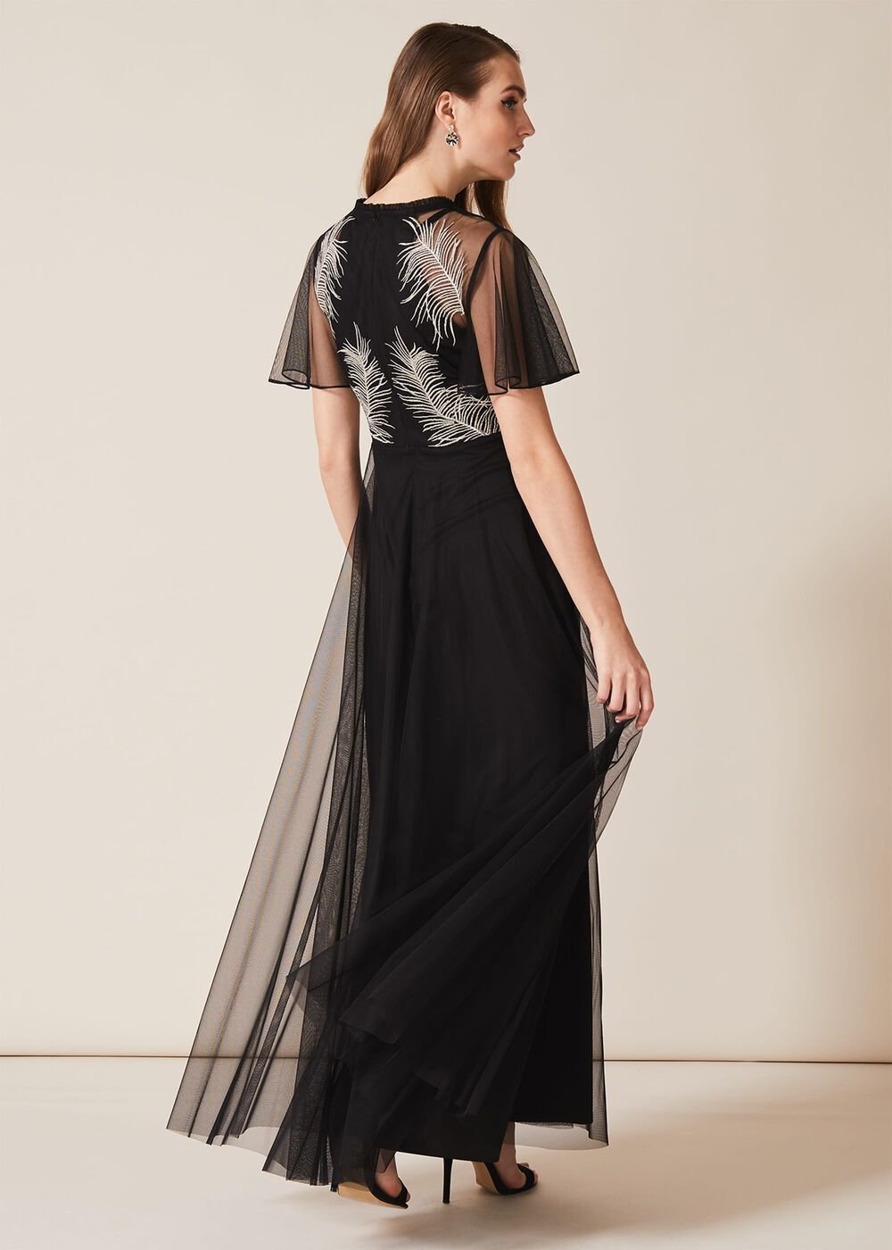 Loretta Feather Embroidered Dress Black