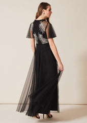 Loretta Feather Embroidered Dress Black
