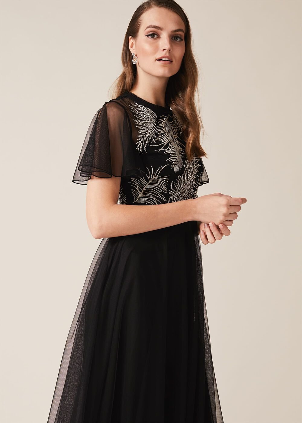 Loretta Feather Embroidered Dress Black