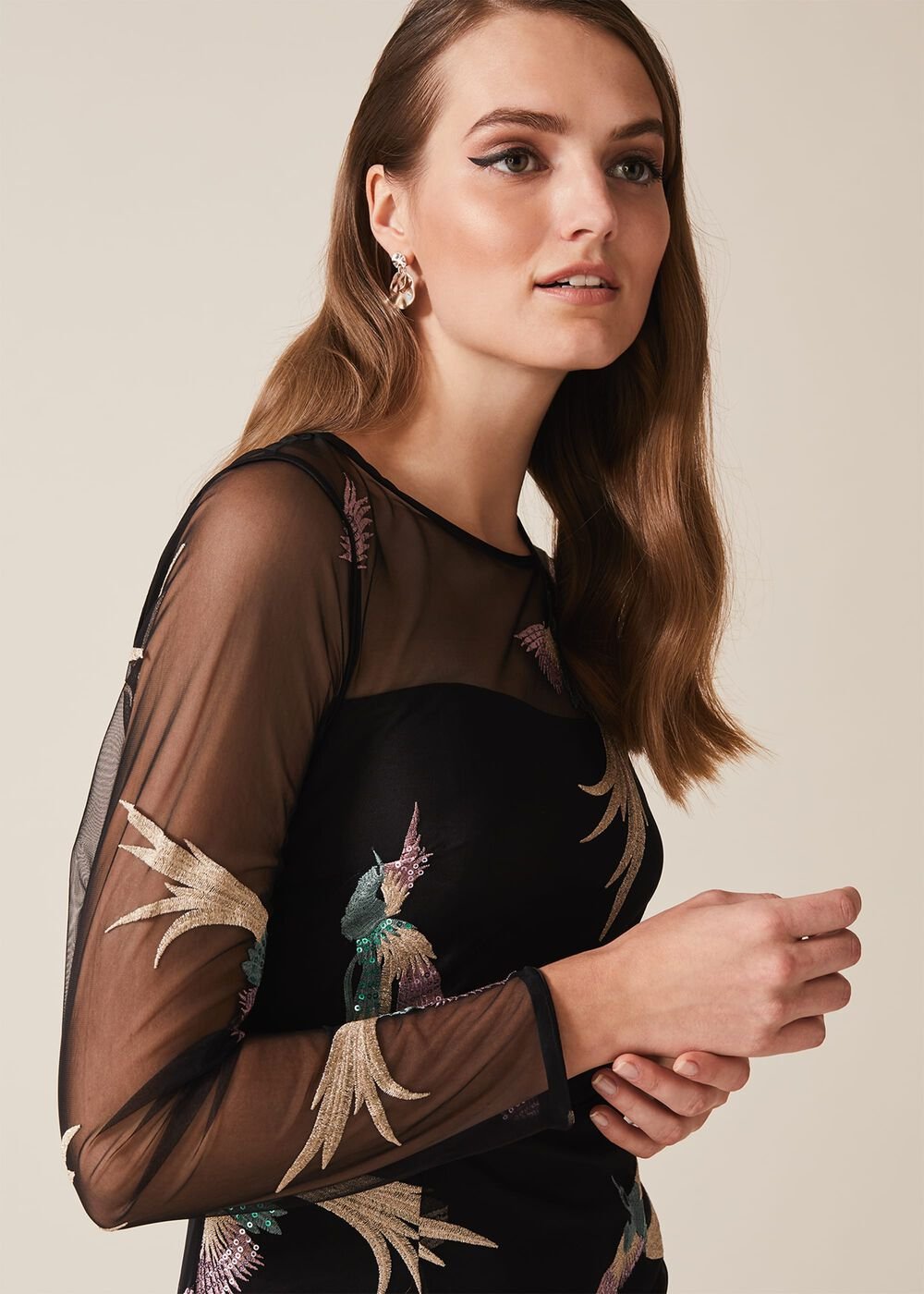Astrid Embroidered Bird Dress Black
