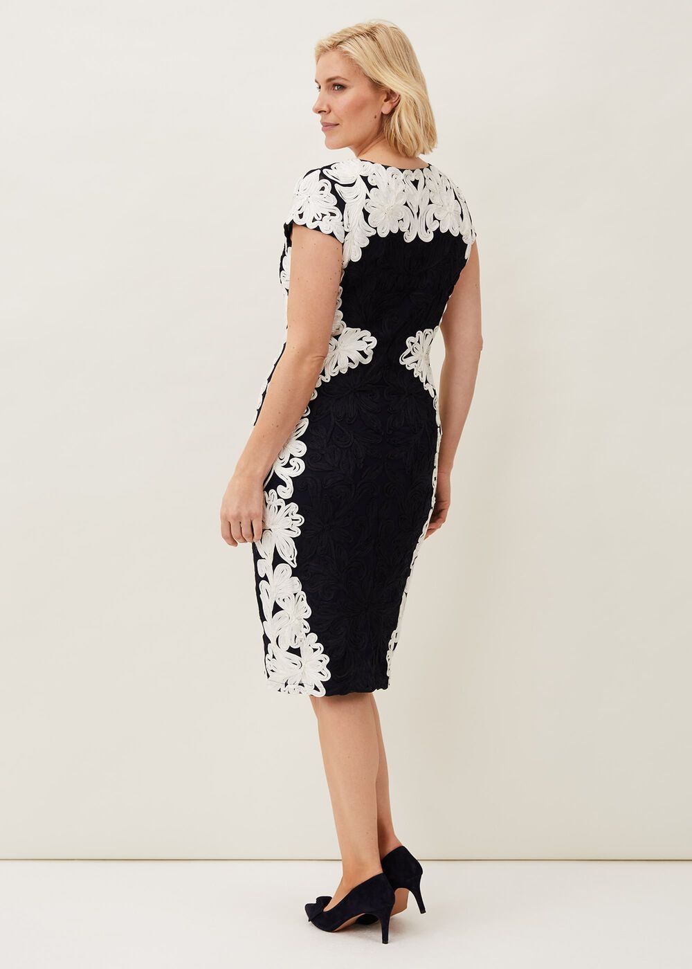 Nori Tapework Lace Fitted Dress Navy/Ivory