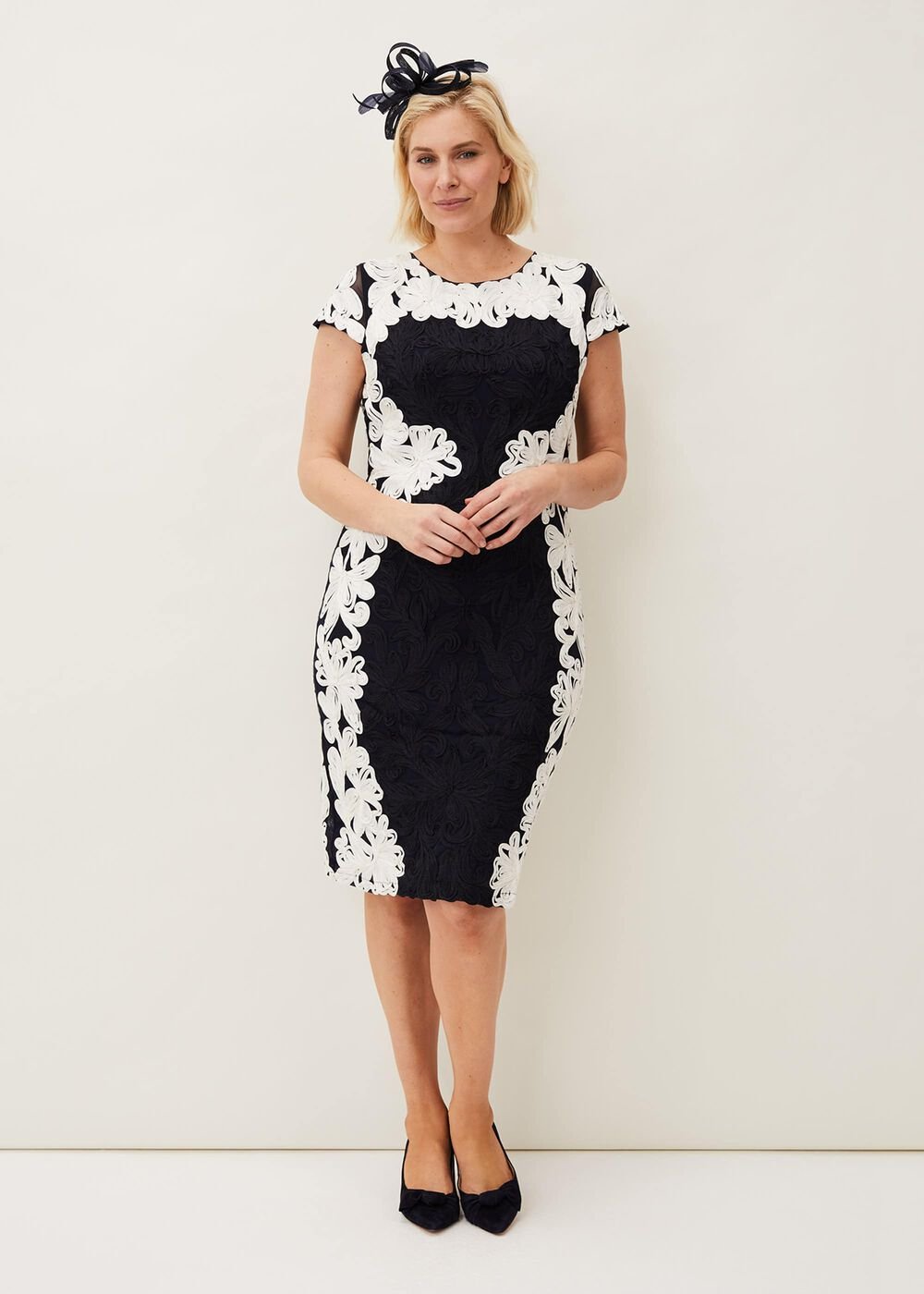 Nori Tapework Lace Fitted Dress Navy/Ivory