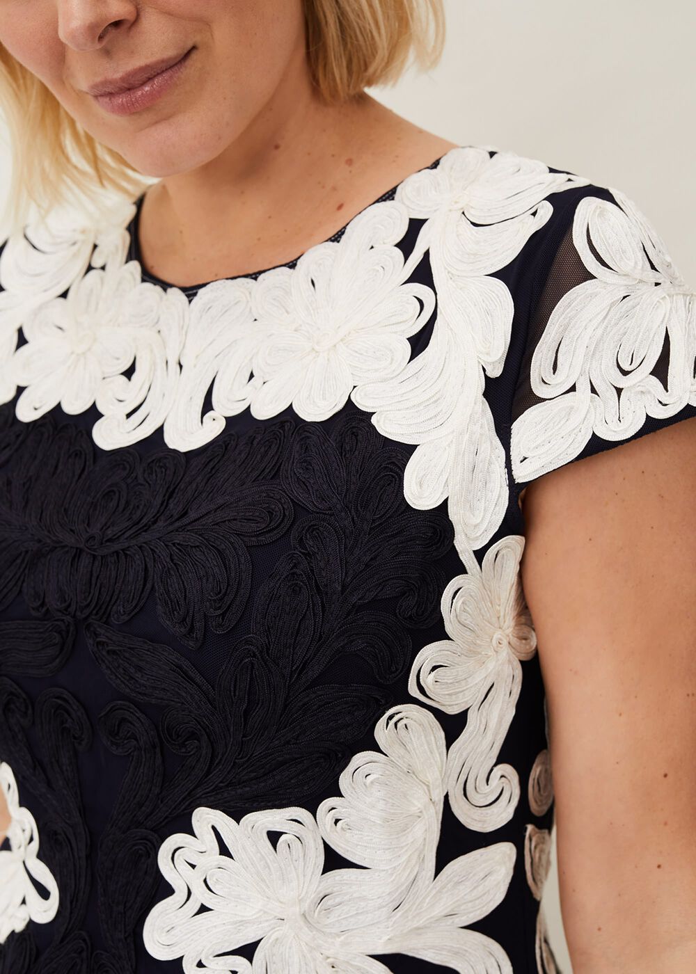Nori Tapework Lace Fitted Dress Navy/Ivory