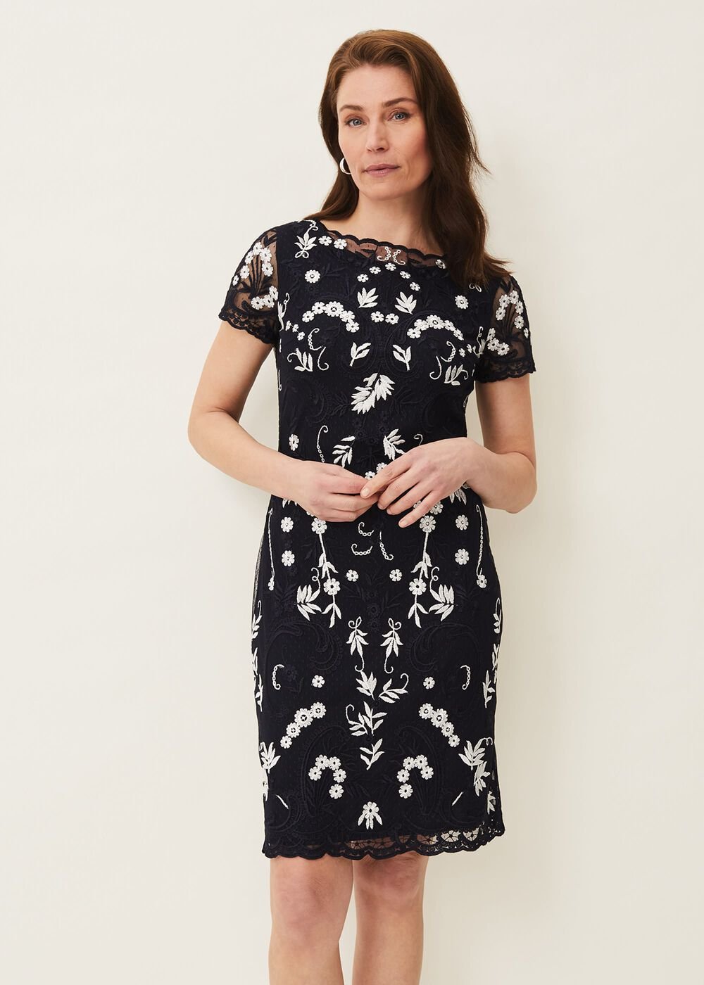 Floris Embroidered Shift Dress Navy/Ivory