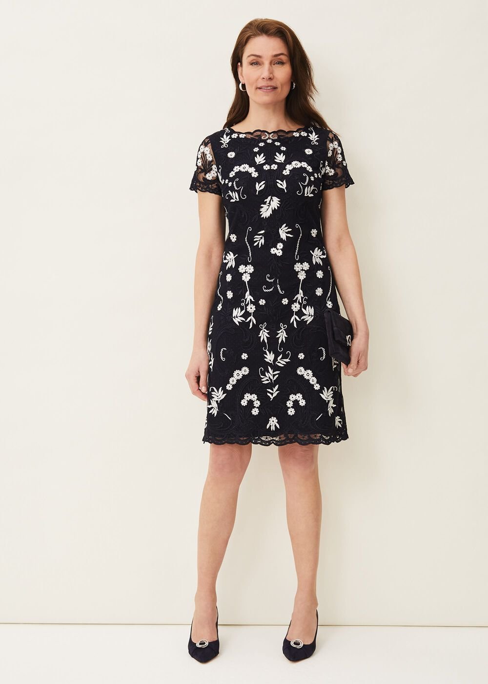 Floris Embroidered Shift Dress Navy/Ivory