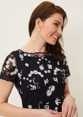 Floris Embroidered Shift Dress Navy/Ivory