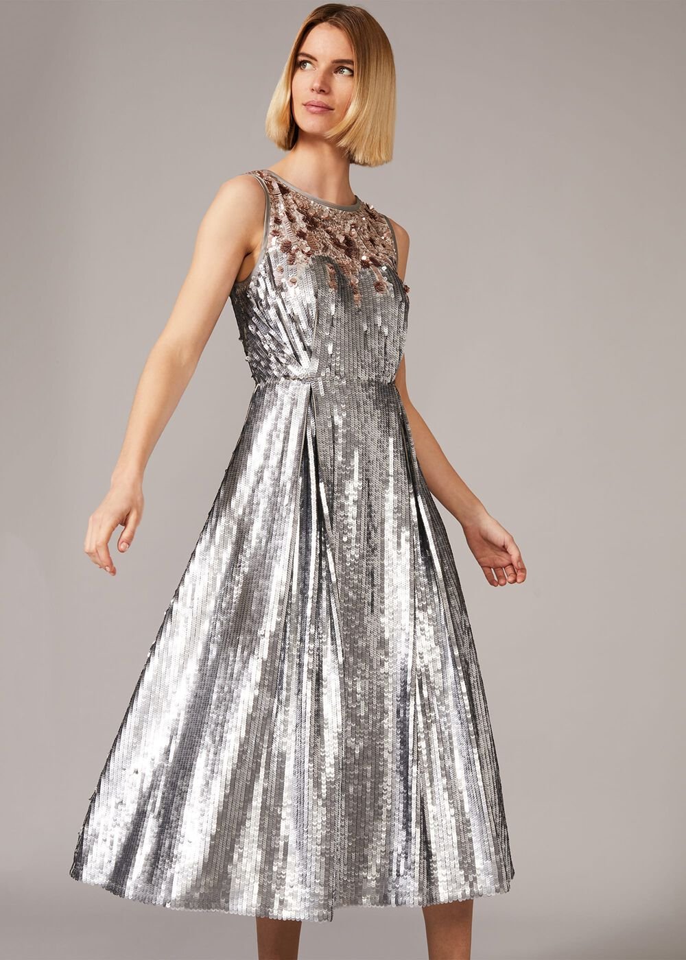 Lainey Shimmer Sequin Midi Dress Silver