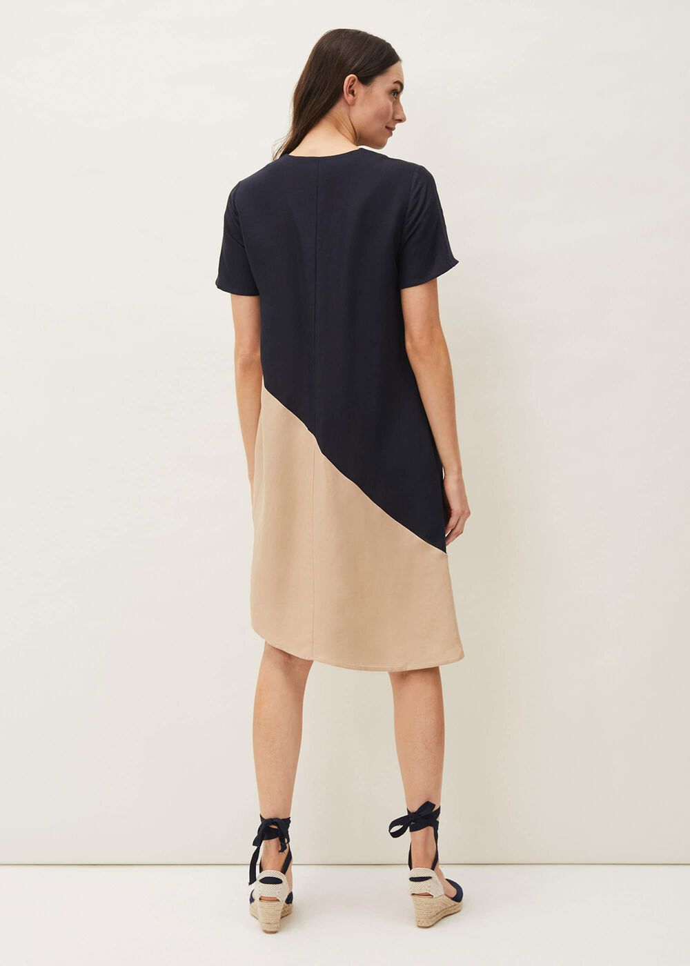 Doty Colourblock Linen-Blend Swing Dress Navy/Stone