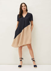 Doty Colourblock Linen-Blend Swing Dress Navy/Stone