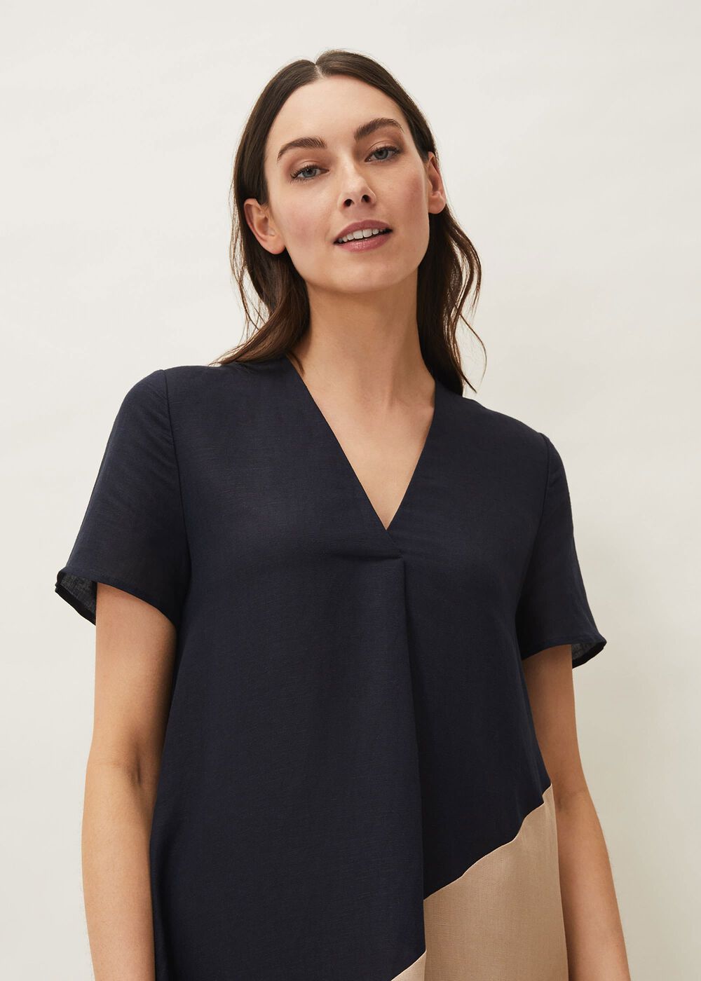 Doty Colourblock Linen-Blend Swing Dress Navy/Stone