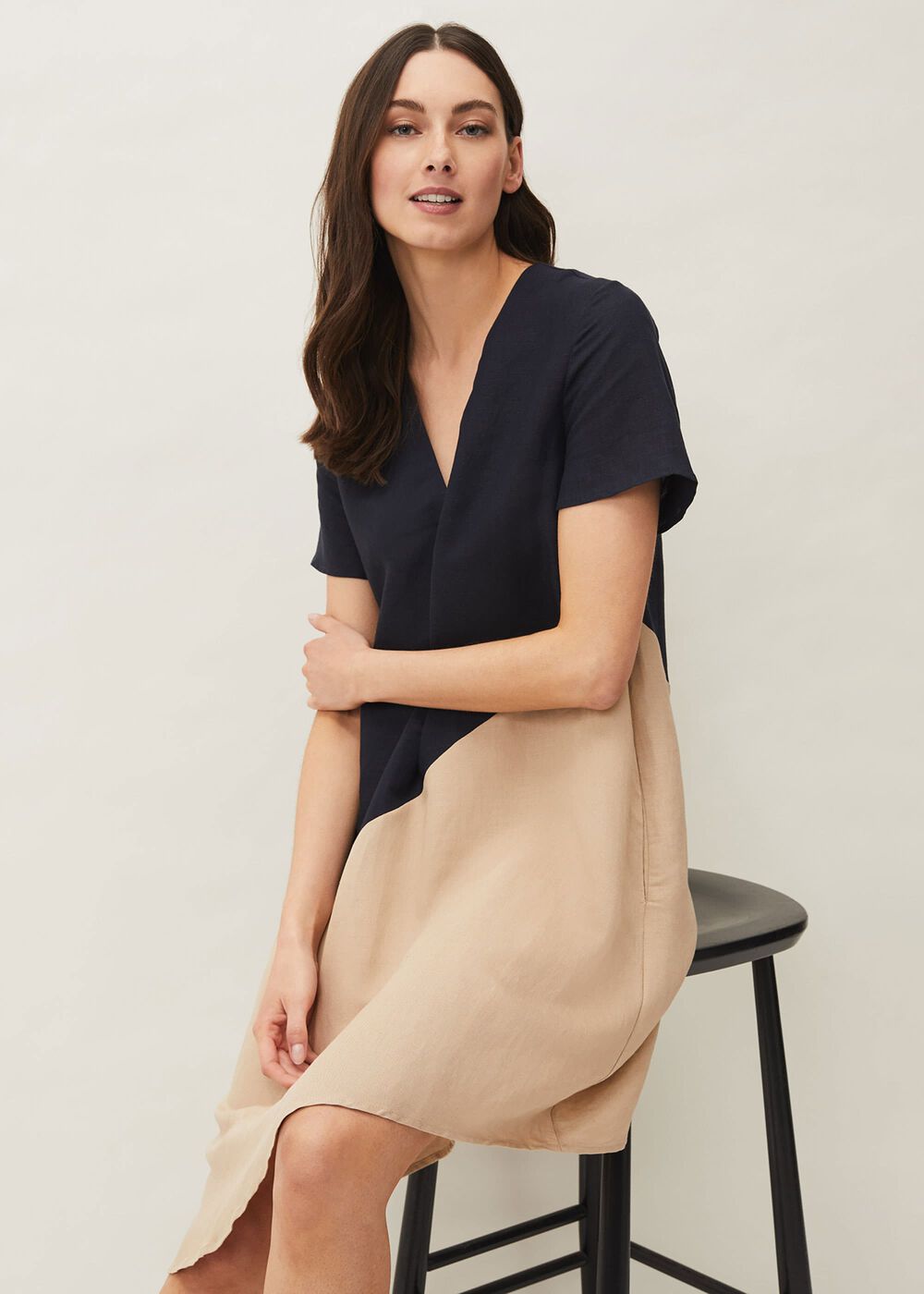 Doty Colourblock Linen-Blend Swing Dress Navy/Stone