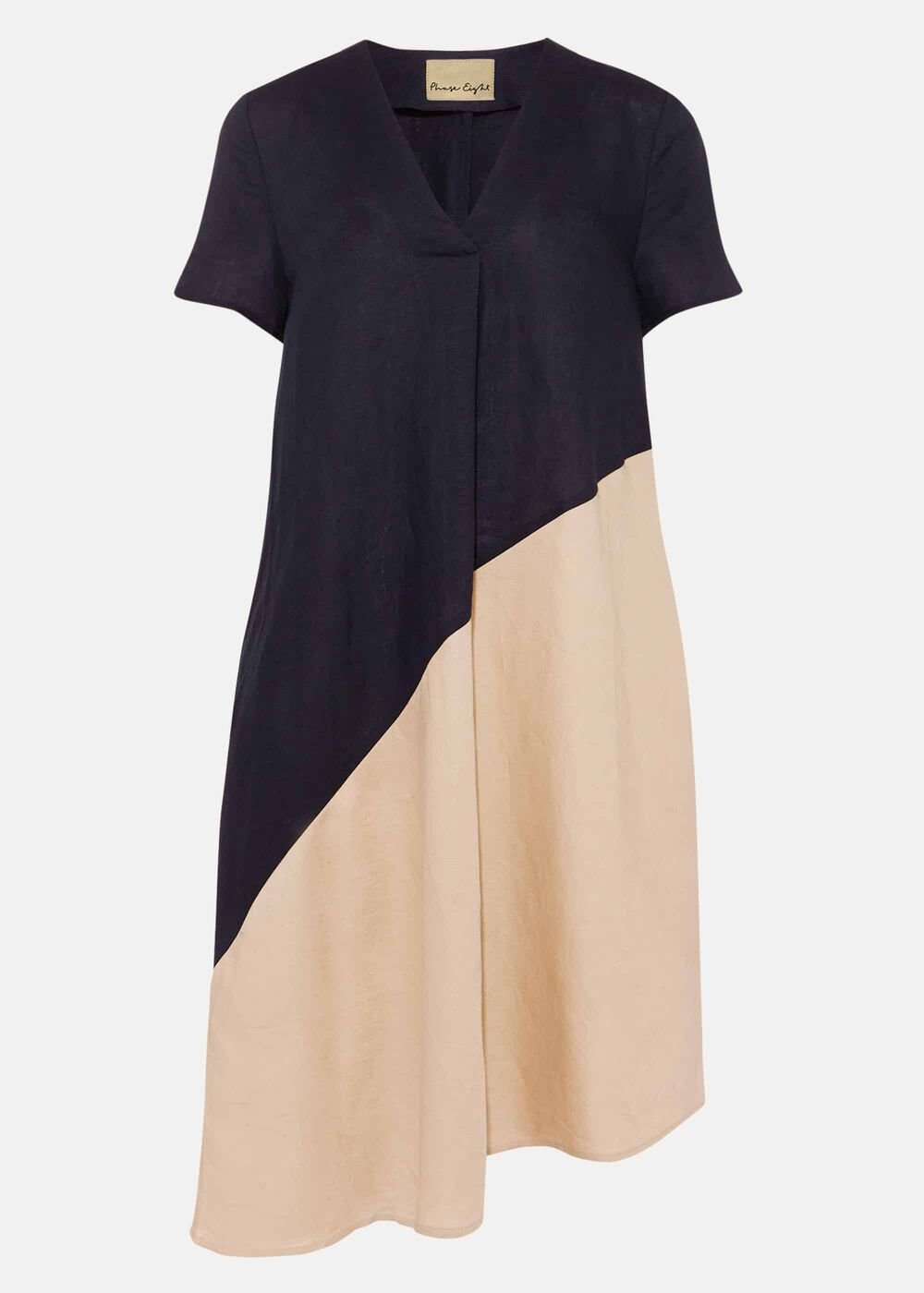 Doty Colourblock Linen-Blend Swing Dress Navy/Stone
