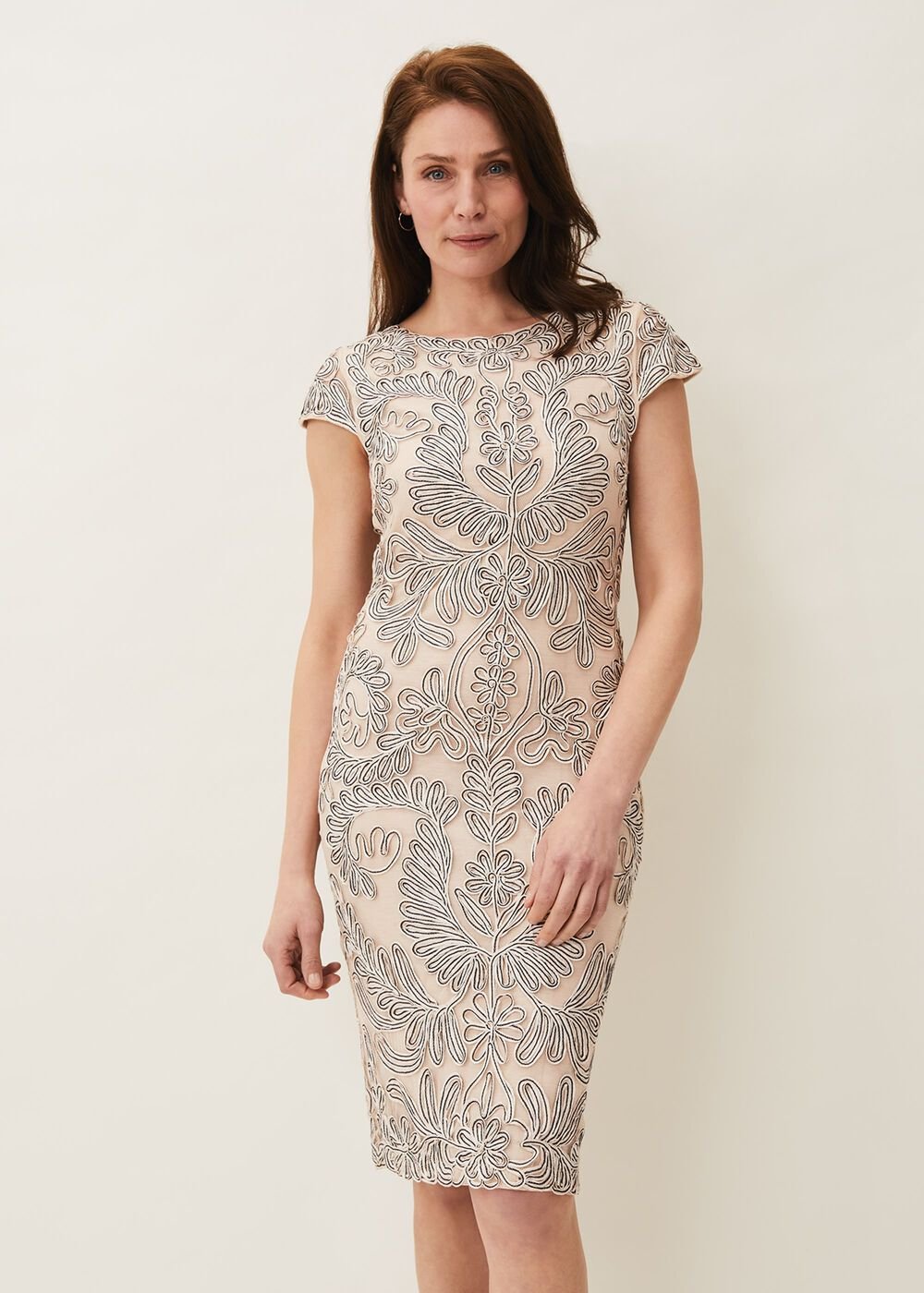 Genevieve Tapework Lace Dress Oyster/Navy