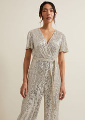 Alessandra Sequin Embellished Jumpsuit Silver