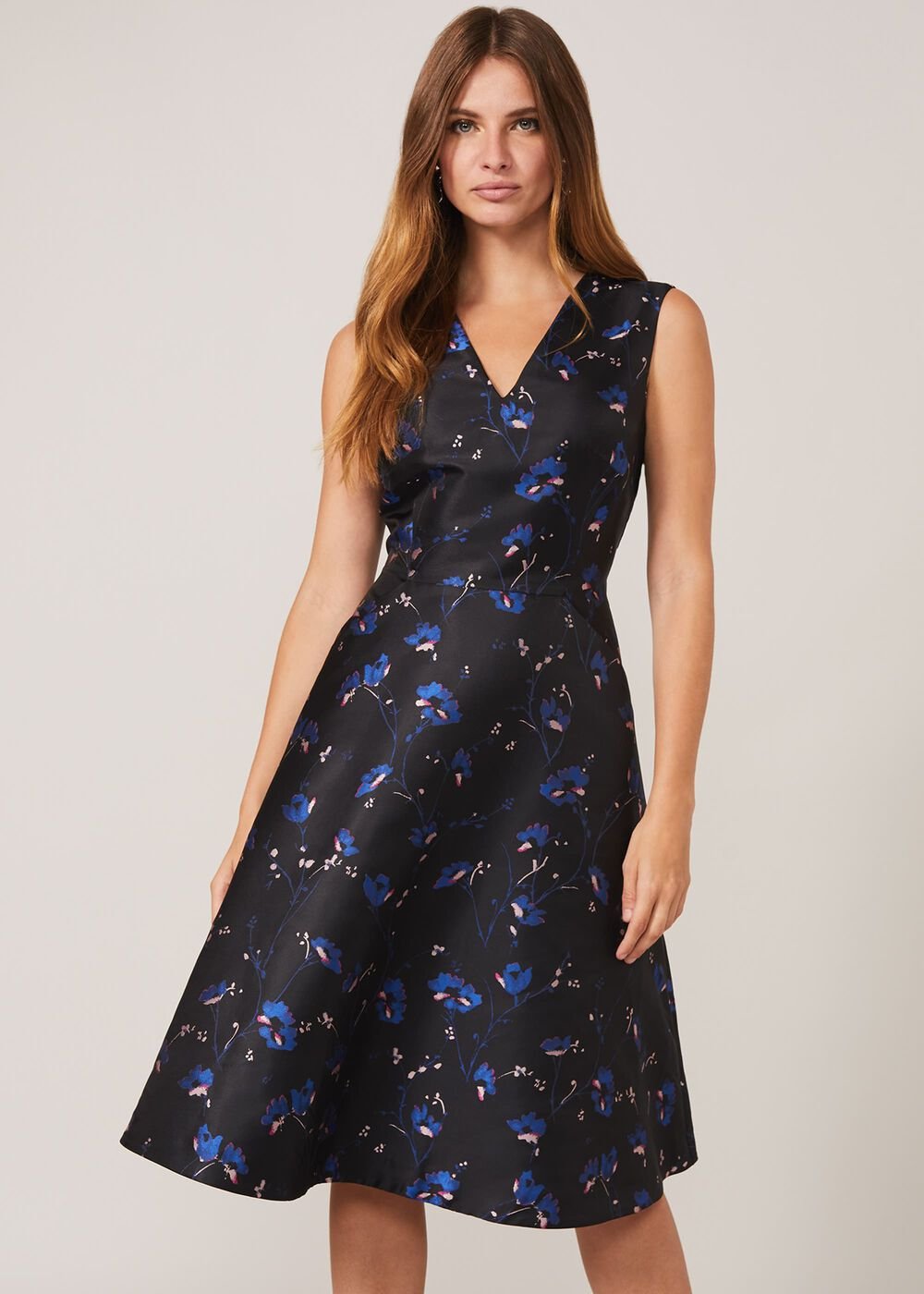 Ottilie Floral Jacquard Fit And Flare Dress Black/Sapphire