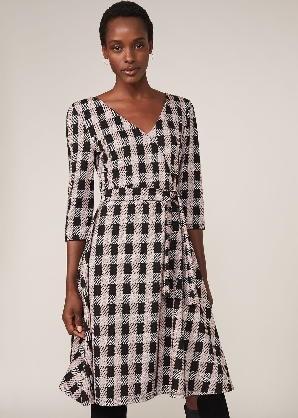 Ava Check Tie Waist Dress Black/Pink