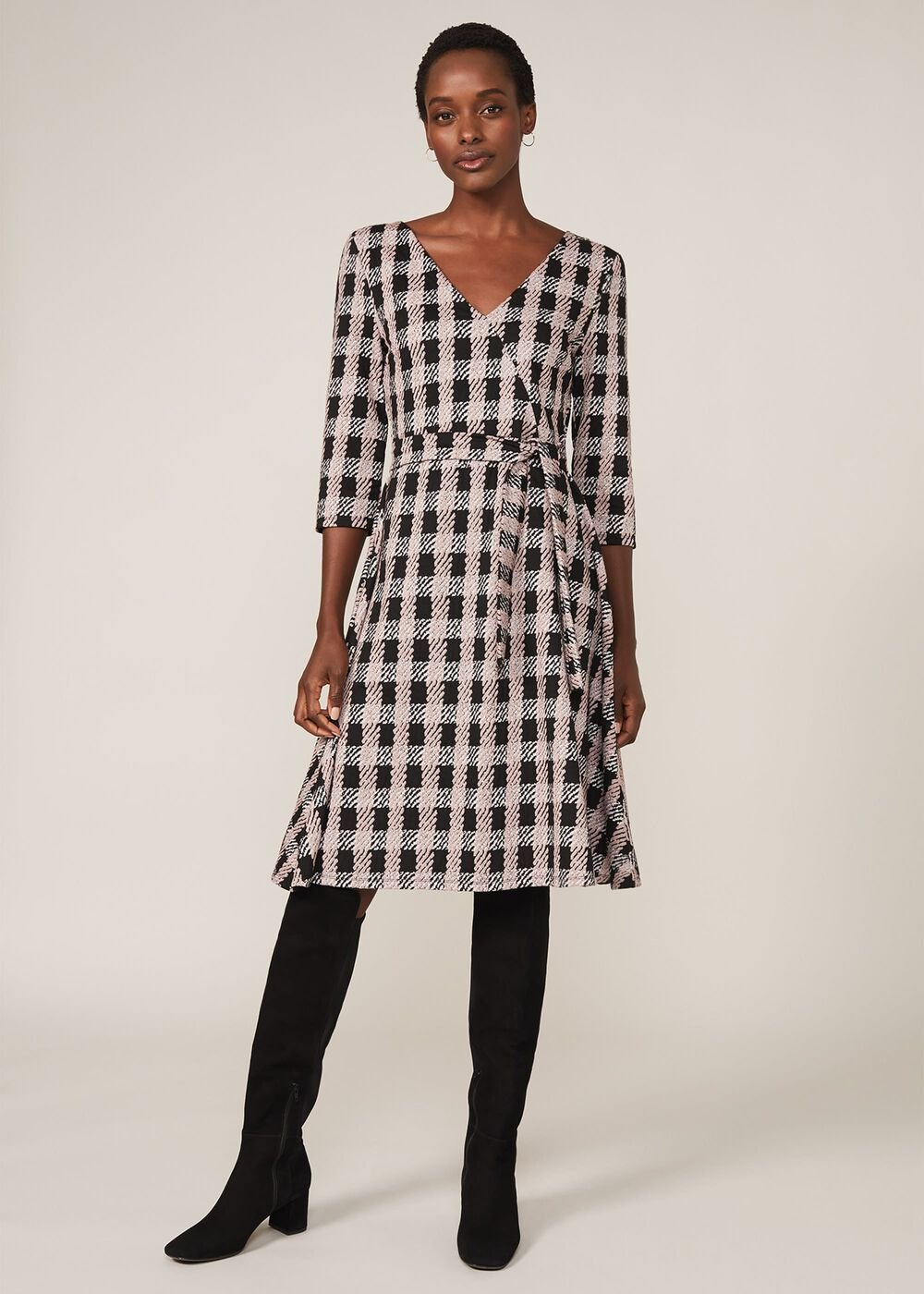 Ava Check Tie Waist Dress Black/Pink