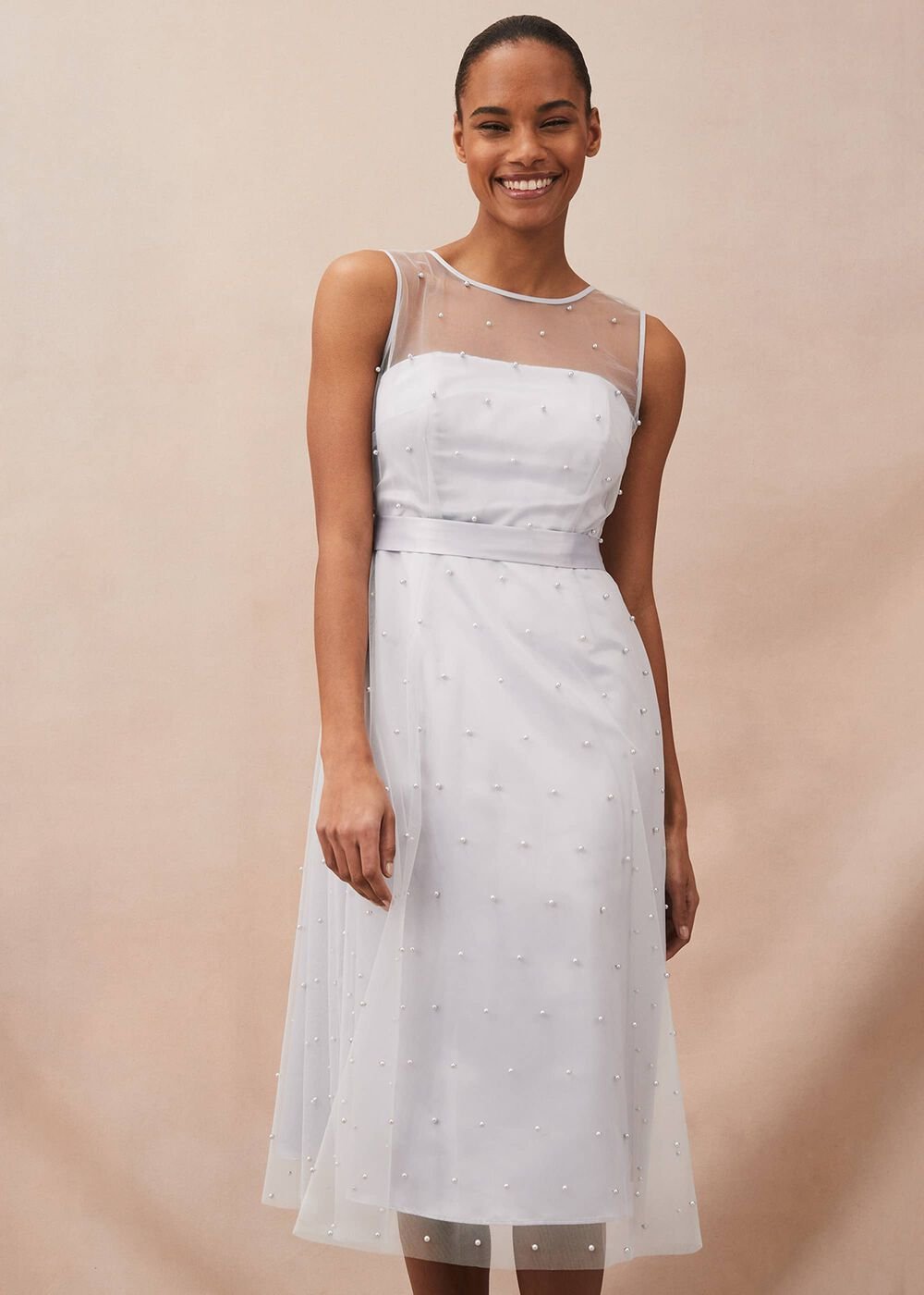 Evadine Pearl Embellished Tulle Dress Mineral