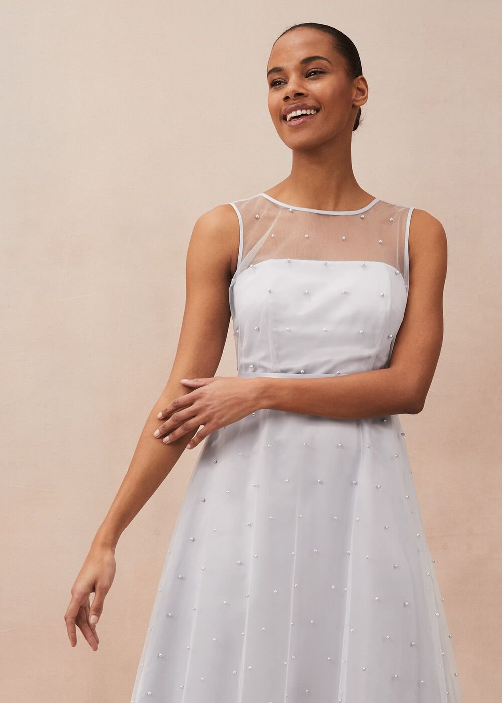 Evadine Pearl Embellished Tulle Dress Mineral