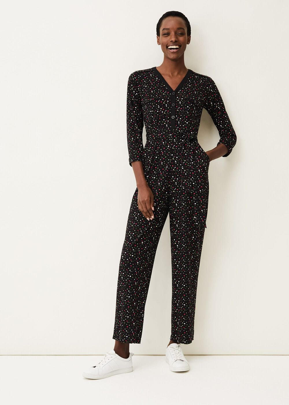 Anglia Ditsy Print Jersey Jumpsuit Black