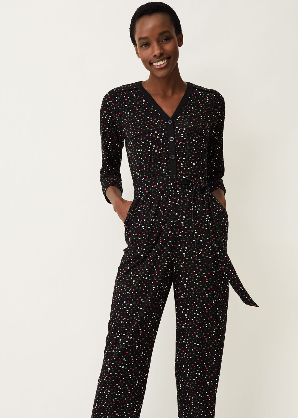 Anglia Ditsy Print Jersey Jumpsuit Black