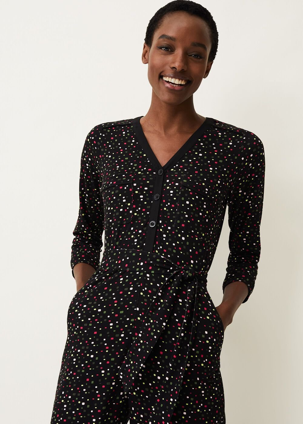 Anglia Ditsy Print Jersey Jumpsuit Black