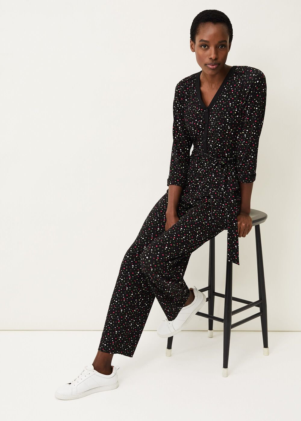 Anglia Ditsy Print Jersey Jumpsuit Black