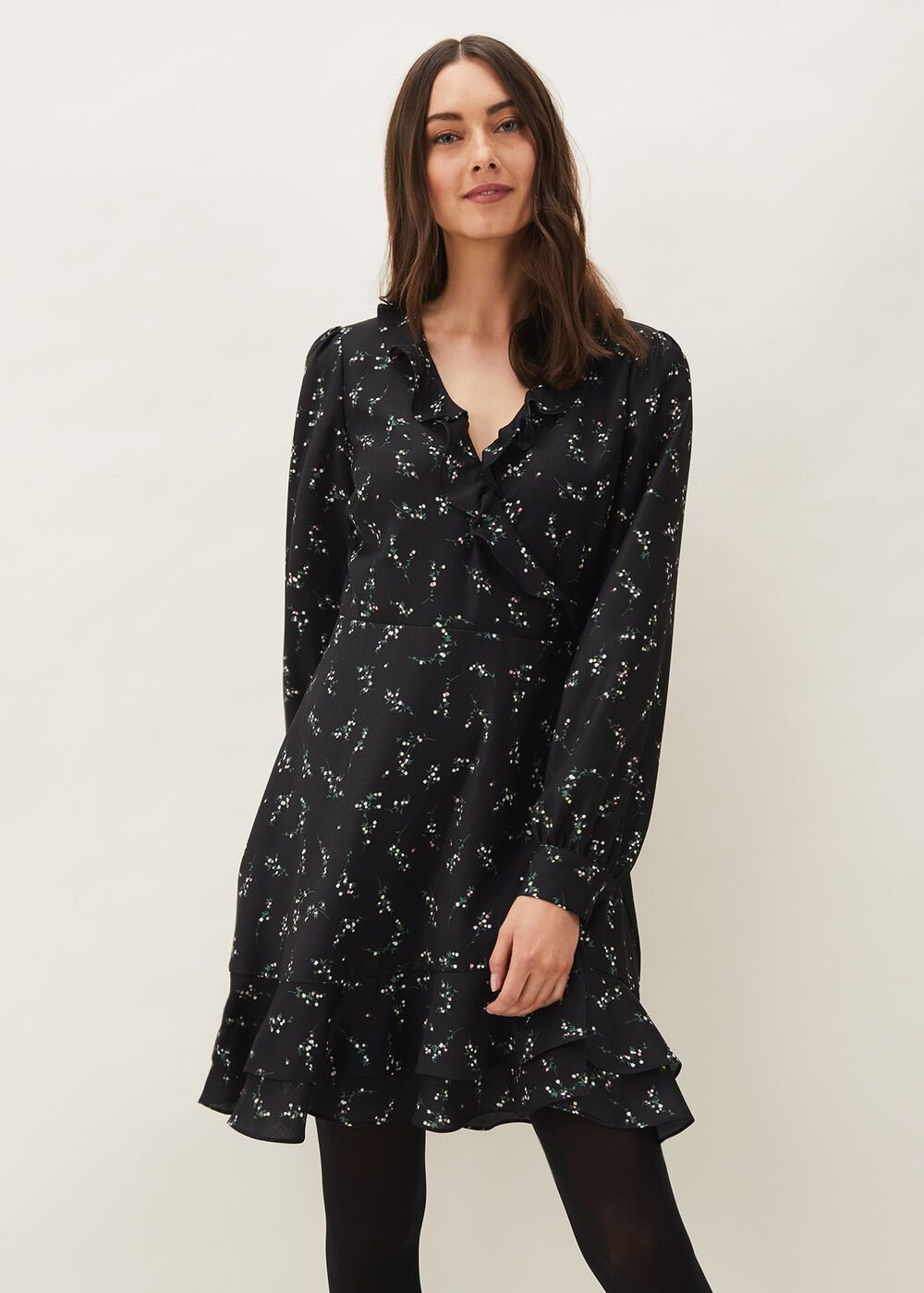 Jamila Ditsy Print Wrap Dress Black