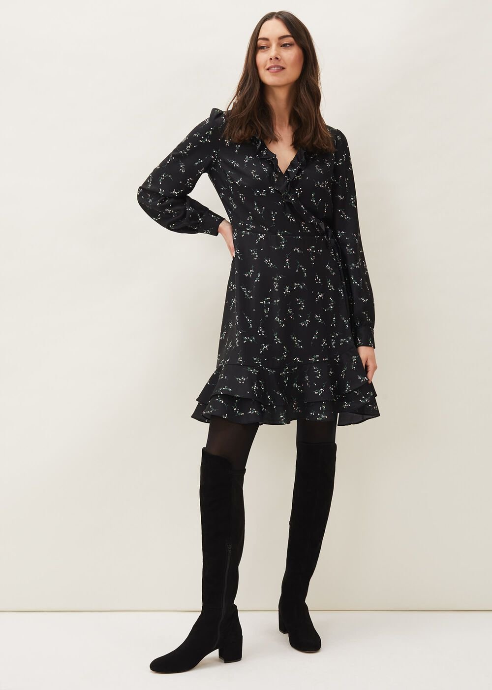 Jamila Ditsy Print Wrap Dress Black