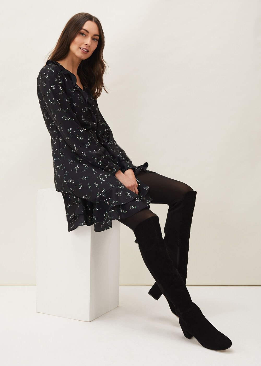 Jamila Ditsy Print Wrap Dress Black