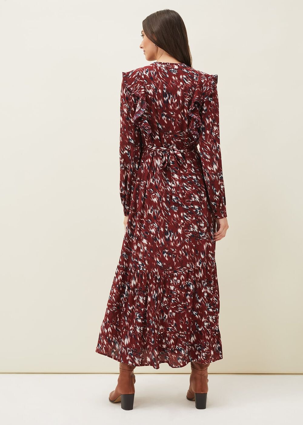 Helen Abstract Feather Print Midaxi Dress Burgundy