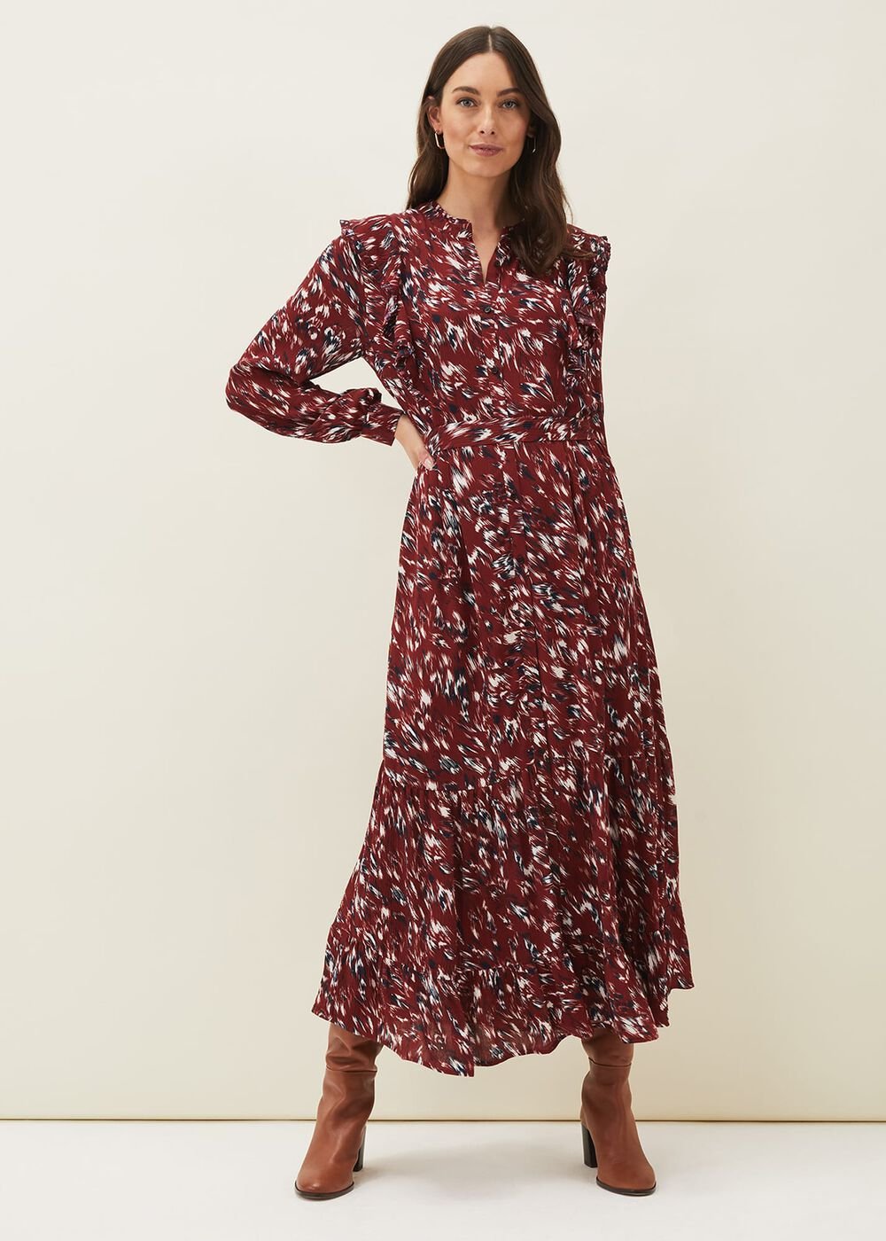 Helen Abstract Feather Print Midaxi Dress Burgundy