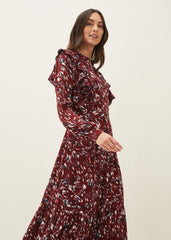 Helen Abstract Feather Print Midaxi Dress Burgundy