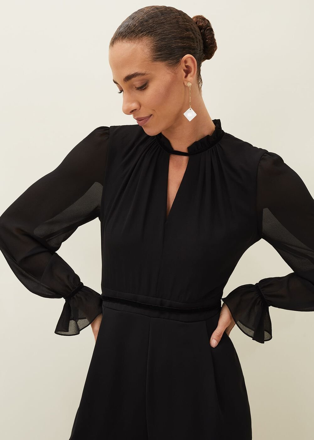 Una Velvet Trim Jumpsuit Black
