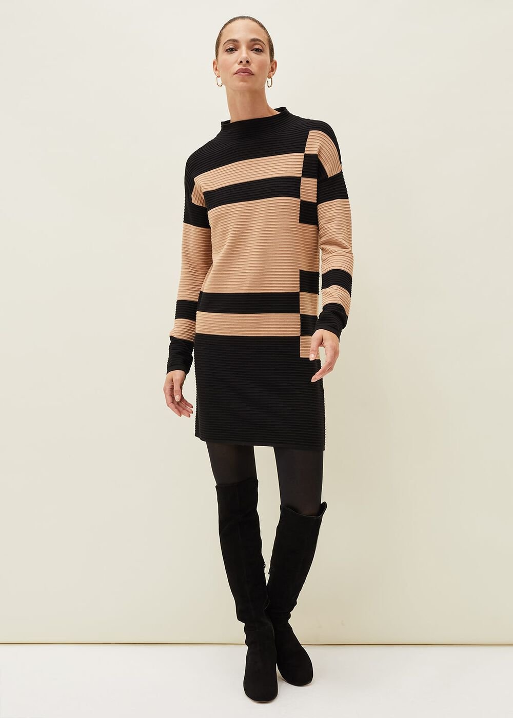 Azera Colourblock Textured Knit Dress Camel/Black