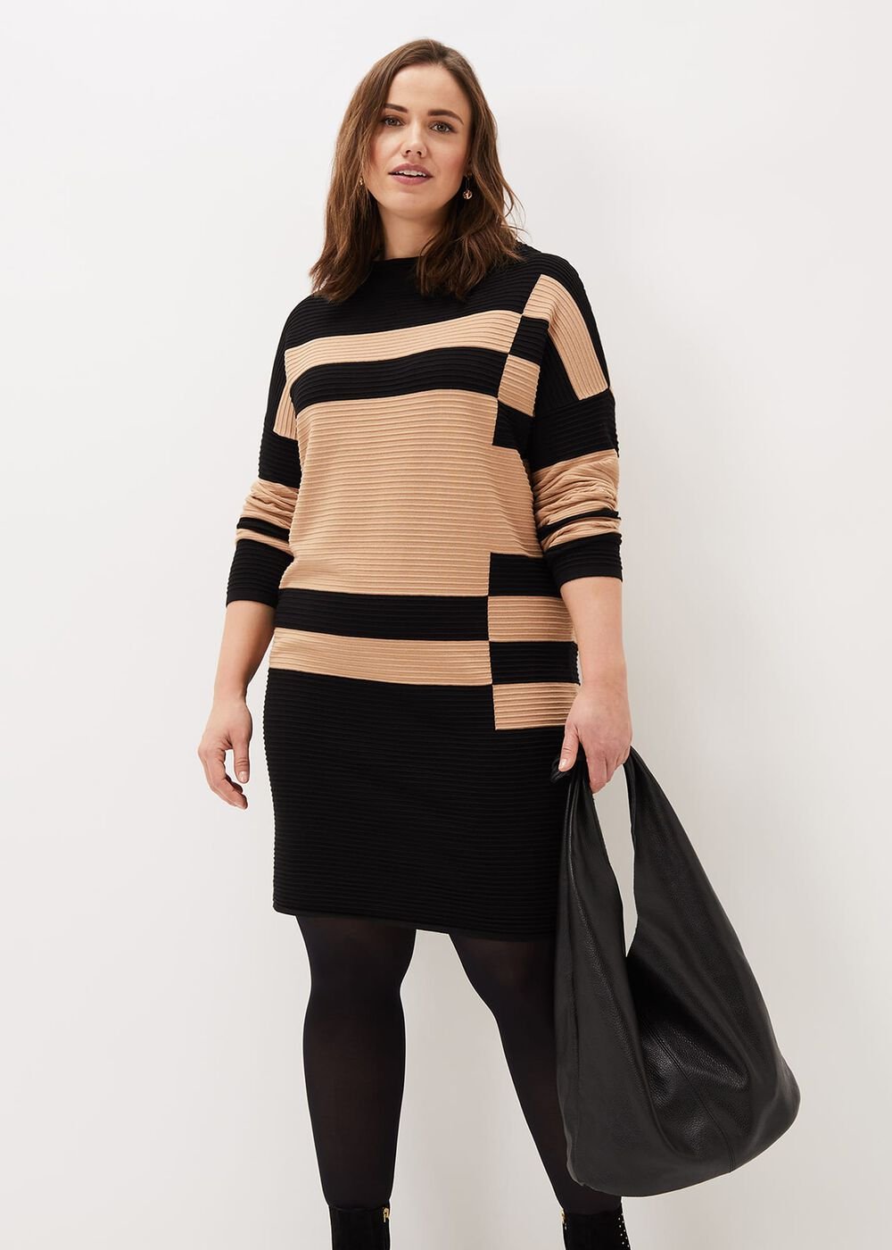 Azera Colourblock Textured Knit Dress Camel/Black