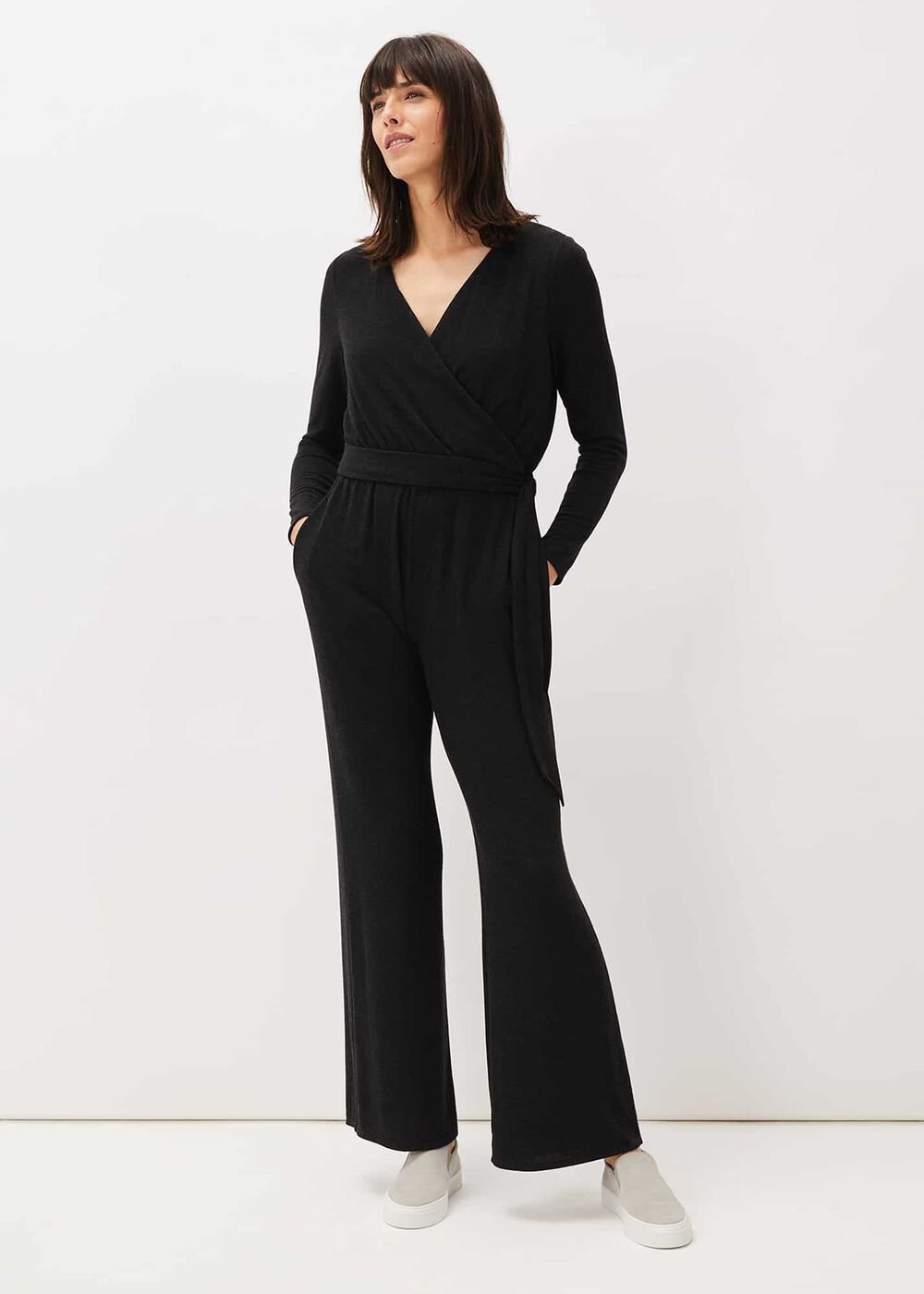 Zarra Wrap Wide Leg Jersey Jumpsuit Charcoal