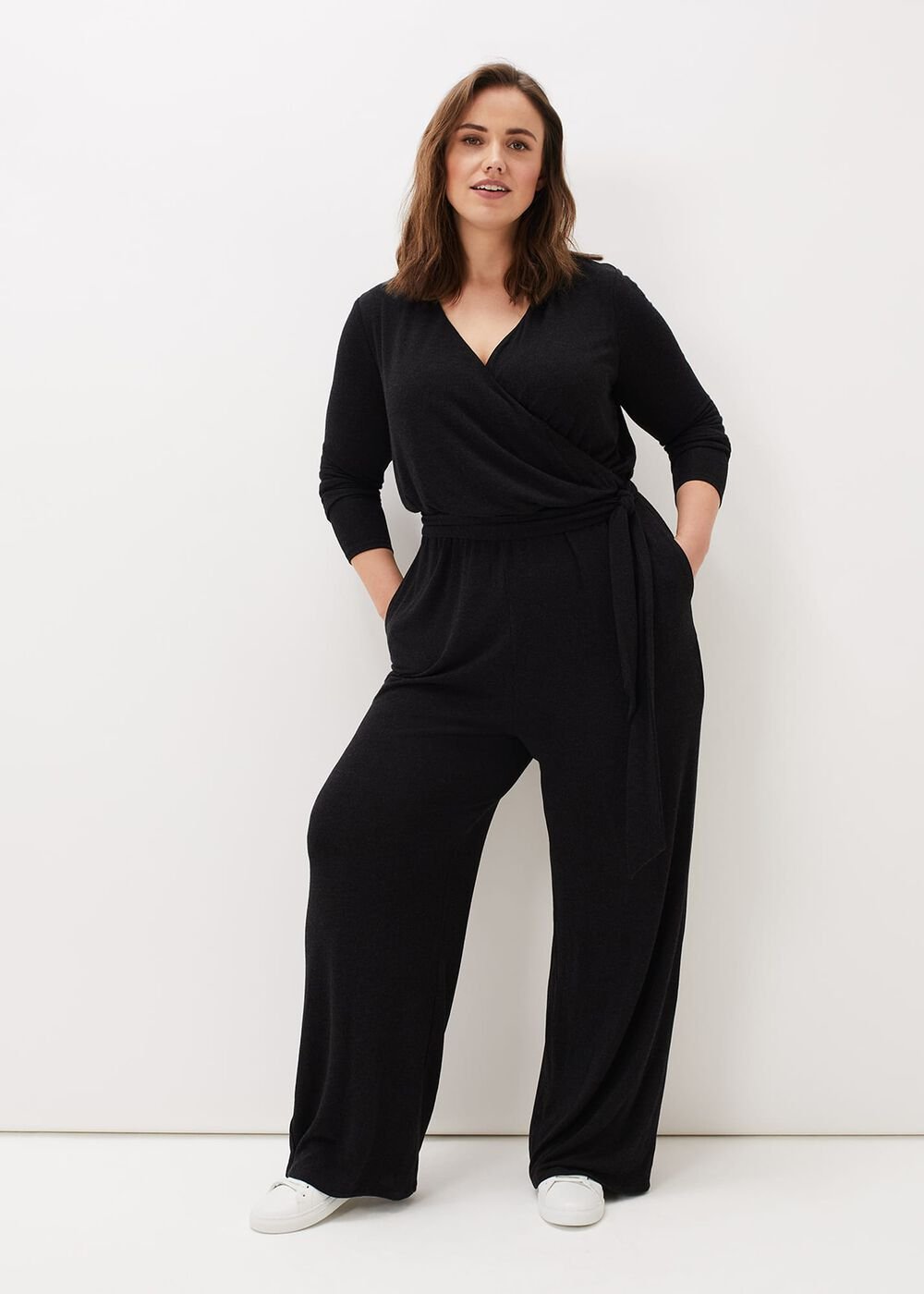 Zarra Wrap Wide Leg Jersey Jumpsuit Charcoal